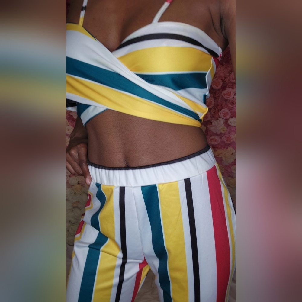Striped Two-Piece Crop Top & Wide Leg Pants - Yellow/Teal/Red